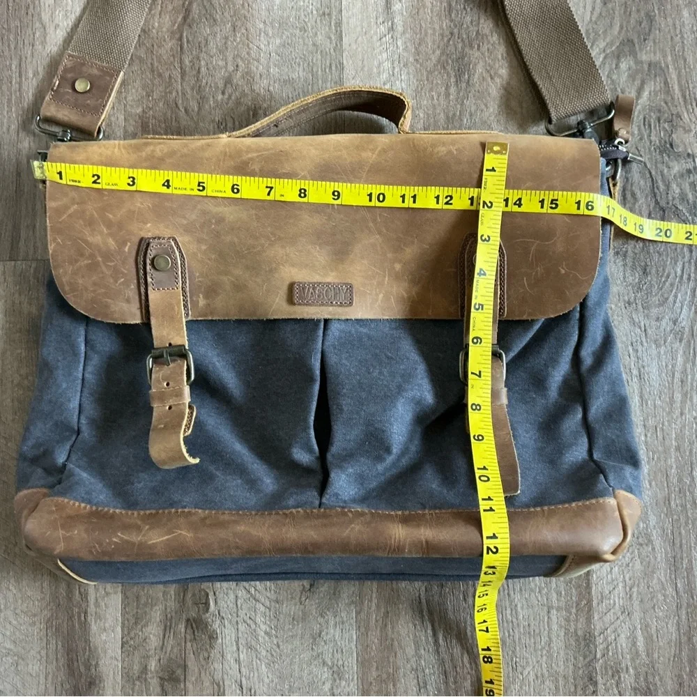 Messenger Bag VASCHY Brown Leather Denim Canvas Computer Pockets Crossbody Tote